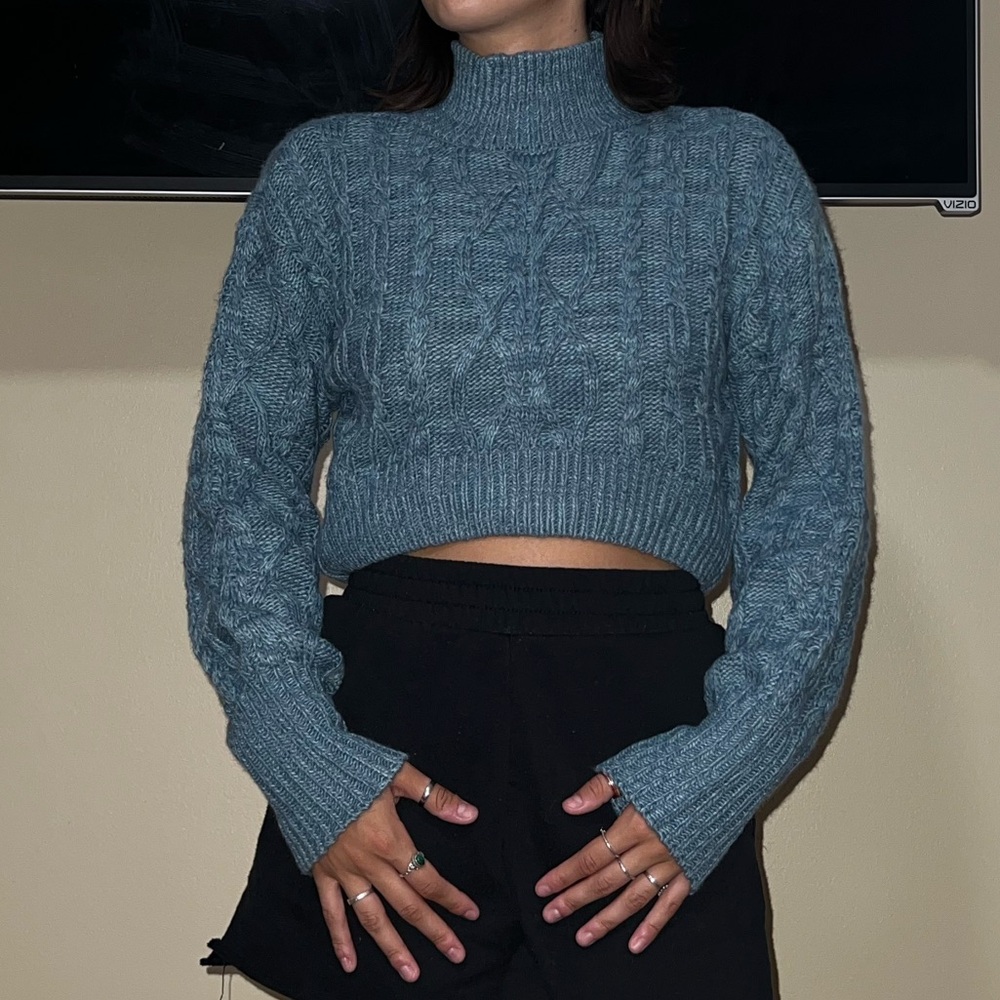 Blue Cable Knit Turtle Neck Sweater
